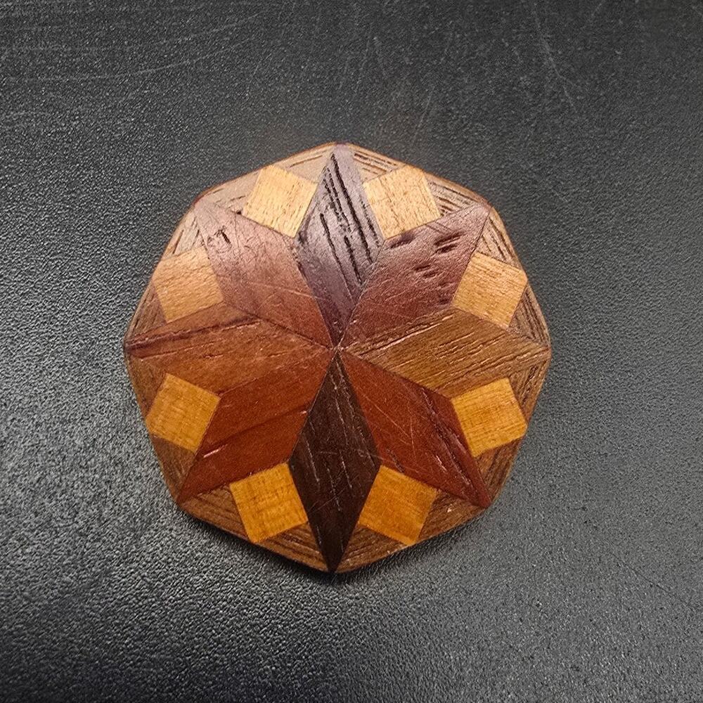 Tricolor Octagon Wood Brooch Hand Crafted Quilt Vintage Costume Jewelry